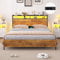 Brinlawb Bett 140x200 mit Lattenrost aus Metall, Doppelbett mit LED Beleuchtung und Ladestation (2 AC-Steckdosen 2 USB-Anschlüsse) Bettrahmen Bettgestell 140x200cm mit Holzkopfteil und Stauraum, Braun