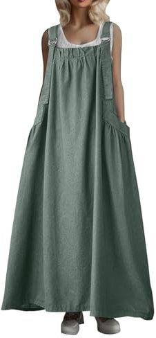 Minetom Donna Salopette Vestiti Jeans Vita Alta Baggy Denim Vestito Senza Maniche Overall con Tasche Lunghe Gonne A Verde L