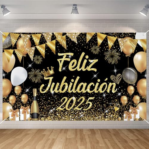 Feliz Jubilación Decoracion, Seutgjie Pancarta Jubilación para Mujer Hombre para Fiesta Jubilada Oro Negro 180 x 110 cm