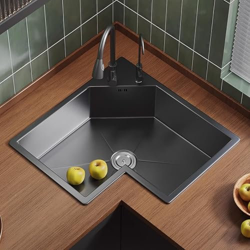 Fregadero Multifuncional, Fregadero de Cocina de Esquina en Forma de L, Acero Inoxidable 304, Lavabo Individual con Grifo Giratorio de 360° for Lavavajillas y Limpieza de Verduras