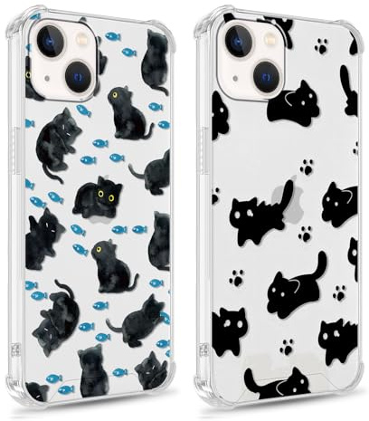 Phoona 2 Pack Cute Black Cat Phone Case for iPhone 13 Mini 5.4, with Aesthetics Pattern Design Cases, Transparent Soft Silicone Shockproof Bumper Protector Matte Girls Women Cover, for iPhone 13 Mini