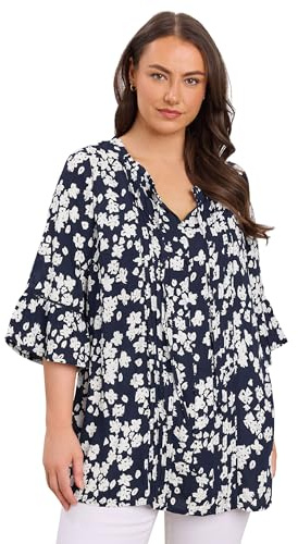 EVANS Curve Blue Floral Tie Neck Crinkle Blouse - Women's - Plus Size Curve