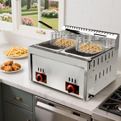 Freidora de gas profesional, 20 L, doble tanque, freidora de acero inoxidable de gran capacidad, freidora de gas con cesta para patatas fritas para restaurante, cocina casera, snack bar