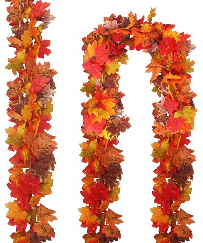 2 Stück 175cm künstliche Ahornblattgirlande, Herbstdeko, Herbst Dekoration mit 4 selbstklebenden Haken für Thanksgiving Halloween Weihnachten Hochzeit Party Home Dekoration