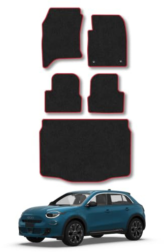 Fiat 600 (2023+) Carpet Car Mats | Red Edge Trim Tailored Fit Floor Mats Full Coverage Protection Accessories Easy Clean Anti Slip Made in the UK
