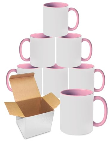 Sublimation Mugs | 11oz Blank Coloured Handle and Inner Cup with Box | Coffee Mug for Heat Press & DIY Printing | Durable Ceramic Plain Mugs for Tea, Latte, Hot Drinks & Gift | Pink Pack of 6