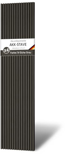 Akustikpaneele Holz 240x60 cm (4er-Set 5,76 m²) - Akustik Paneele & Holzpaneele Wand für Schallschutz | 3D Paneele Wand als Wandverkleidung Innen für Wohnzimmer & Büro(Eiche Grau)