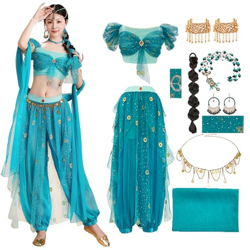 AYIMEIS Damen Prinzessin Jasmin Kostüm mit Zubehör Prinzessin Aladdin Kostüm Arabische Jasmin Verkleidung Bauchtanz Outfit Halloween Karneval Party Bühnenauftritt Cosplay für Erwachsene