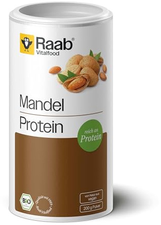 Raab Vitalfood Bio Mandel-Protein mit natürlichem Calcium, teilentölt, vegan, glutenfrei, Eiweiß-Shake; Mandel-Mehl, Mandeldrink 50% Protein, 200 g