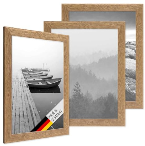 PHOTOLINI Bilderrahmen A3 30x42 cm Holz Eiche-Optik, 3er Set Echtholz-Rahmen rustikal, Strandhaus, Made in Germany, Echtglas, zum Aufhängen, extra Zubehör - Treibholzlook mit einem Hauch Küstenflair