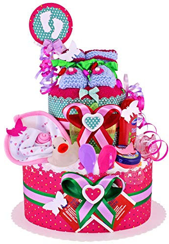 MomsStory - Windeltorte Mädchen | Windelgeschenk Prinzessin | Baby-Geschenk zur Geburt Taufe Babyparty | Babytorte 2 Stöckig (Pink-Grün) Geburtsgeschenk