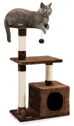lionto Kratzbaum für Katzen mit Höhle und Plüschball inkl. Glöckchen, Höhe 85 cm, Katzenbaum mit Sisal & Plüsch, gemütliche Liegeflächen & Höhle, für kleine & große Katzen geeignet, braun