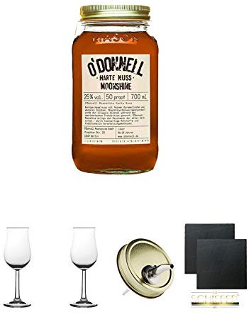 ODonnell Harte Nuss 25% 0,7 Liter + 2 Bugatti Nosing Gläser mit Eichstrich 2cl und 4cl + 2 Schiefer Glasuntersetzer eckig ca. 9,5 cm Ø + 1 ODonnell Ausgiesser