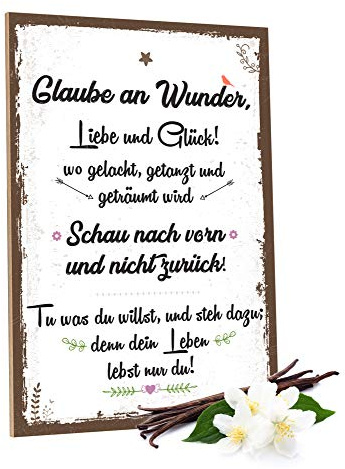 GRAVURZEILE Holzschild mit Spruch - Glaube an Wunder, Liebe & Glück - Geburtstagsgeschenk - Liebesgeschenk - Wand Dekoration im Vintage-Look Kunstdruck für Familie Freunde in Küche Home & Co