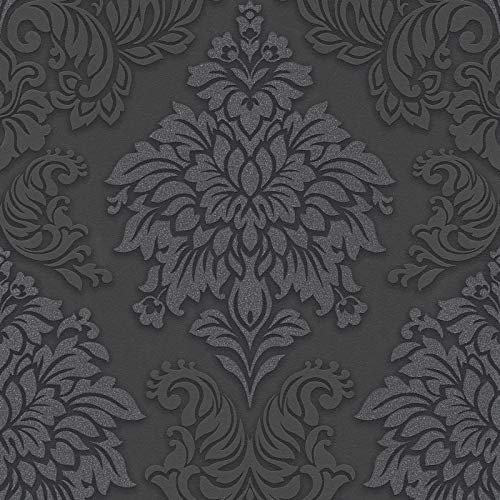 Barock Tapete mit Glitzer Effekt | Neobarock Vliestapete in Schwarz Anthrazit für Esszimmer und Schlafzimmer | Vlies Wandtapete mit Ornament Muster| Rolle (10,05 x 0,53 m) = 5,33 m²