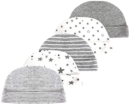 Chamie Baby-Mütze, 5 Mützen für Babys, Jungen und Mädchen, 0–6 Monate, 100% Baumwolle Gr. 0-6 Monate, Graue Kappen