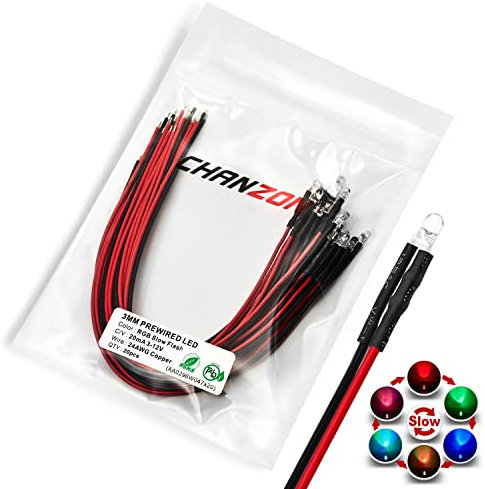 [UL Wire] Chanzon 20 pcs Pre-Wired 3mm RGB Slow Blinking LED Diode Lights (Clear Round Transparent Lens DC 12V) with 560 ohms 1/4W Resistor and 24awg Wire Indicator Light Emitting Diodes Bulb Lamp