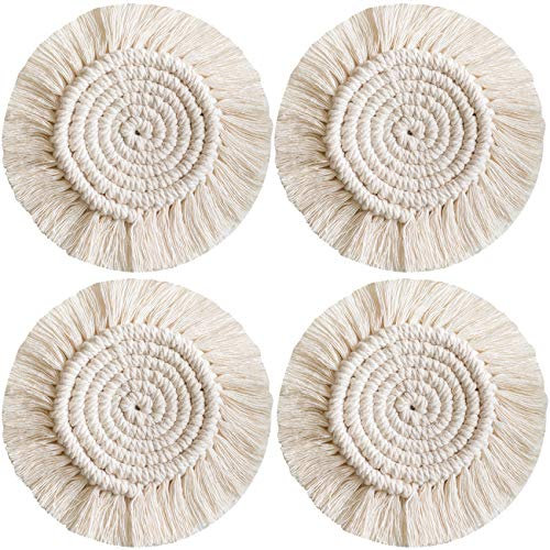 Hocaies Handgemachte Makramee Untersetzer für Getränke, Handgewebtes Tischset Bohemia Style rutschfeste Hitzebeständige Cup Matte fur Tassen, Vasen, Kerzen Desktop-Dekoration (Typ A 4 Stück)