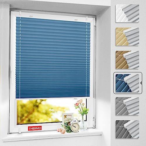BelleMax Plissee ohne Bohren verdunkelung, Thermo Plisseerollo Klemmfix, Blau 75x130cm(BxH), Verdunklungsplissee 100% lichtundurchlässig für Fenster, Blickdicht Sichtschutz Sonnenschutz