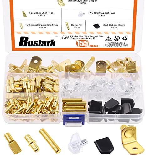 Rustark 155Pcs 5 Styles Shelf Pegs Shelves Pins Bracket Pegs Cabinet Support Metal Pegs Assortment Kit for Glass Shelf Holes Bookshelf Furniture (Gold - 155pcs)