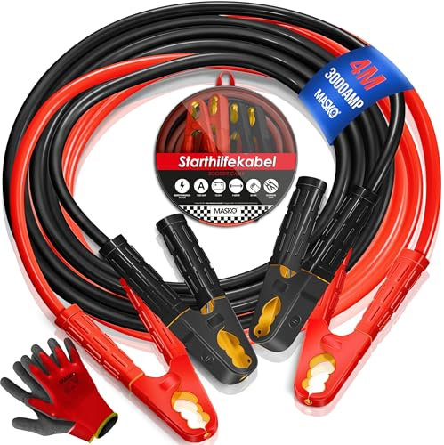 MASKO® Starthilfekabel Überbrückungskabel für Benzin- und Dieselmotoren, 6/12/24 Volt. Auto Motorrad Starterkabel aus Kupfer inkl. Handschuhe und Tragetasche 2 x 4m / 30mm² 1500amp