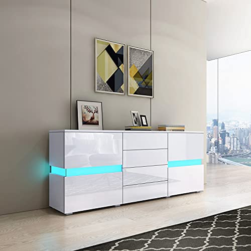 Sideboard High Gloss Sideboard for Living Room Modern Sideboard Cabinet Display Cabinet with LED Lights 2 Doors 4 Drawers Home Furniture (White)