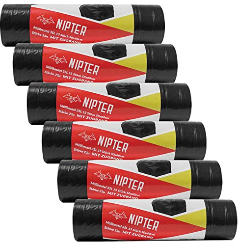 Nipter Öko Müllbeutel mit Zugband 35l, Müllsack Premium, reißfest, tropfsicher, 23 my, 50x60 cm, schwarz, 15 Müllsäcke pro Rolle, 18 Rollen