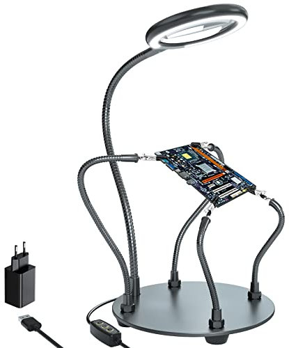 Lupe Mit Licht Dritte Hand Löten 3X VergrößErung Helfenden HäNden Tageslicht Lupenlampe Mit Licht Mit 28 Dimmbare LED,Schwerlast Basis 4 flexible Helfende Arme Beleuchtete Zum basteln,Löten,Hobbies