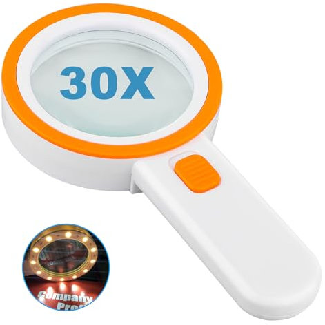 Loupe avec 12 lumières LED, double lentille en verre 30x, loupe de lecture éclairée de poche avec pour les personnes âgées, lecture, pièces de monnaie, timbres, carte, inspection, dégénérescence