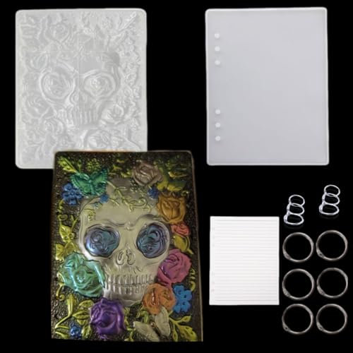 DIYBravo Epoxidharz Silikonform Schädel Notizbuch A5, Resin Form Halloween Buch Gießform Harz Formen für Notebook Cover Silikon Tagesbuch Deckel, Mit Buchringe