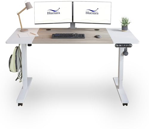 Bluenara Schreibtisch Höhenverstellbarer Elektrisch, 140x60 cm Sitz- & Stehpult-Schreibtisch 2-Fach-Teleskop mit Eiche + weiße Tischplatte (Gestell Weiß), 4 voreingestellte Höhen