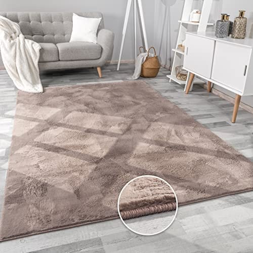 Paco Home Teppich Wohnzimmer Kunstfell weich waschbar modern elegant pflegeleicht Felloptik Uni Seidenglanz flauschig Kurzflor, Grösse:160x220 cm, Farbe:Taupe