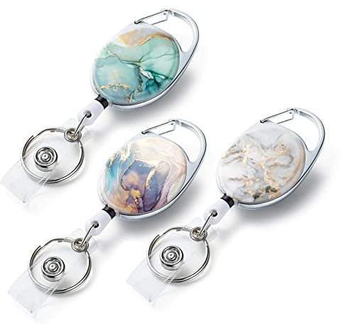 Paquete de 3 carretes retráctiles para insignias, patrón de impresión de color de doble cara, con llavero retráctil, clip de insignia y llavero, cuerda retráctil de nailon duradera