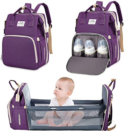 Baby Wickeltasche Rucksack,Diaper Backpack,Babytasche Reiserucksack mit Wickelauflage,Multifunktional Wasserabweisend Große Kapazität Wickelrucksack,Große Reiserucksack für Mama & Papa (Violett)