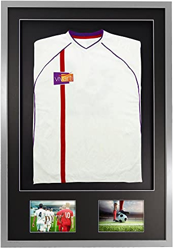 Vivarti DIY Adult 3D Mounted + Double Aperture Sports Display Frame for Football, Rugby, Band T-Shirt Shadow Box - 61 x 91.5cm - Silver Frame, Black Mount, Black Backing Card