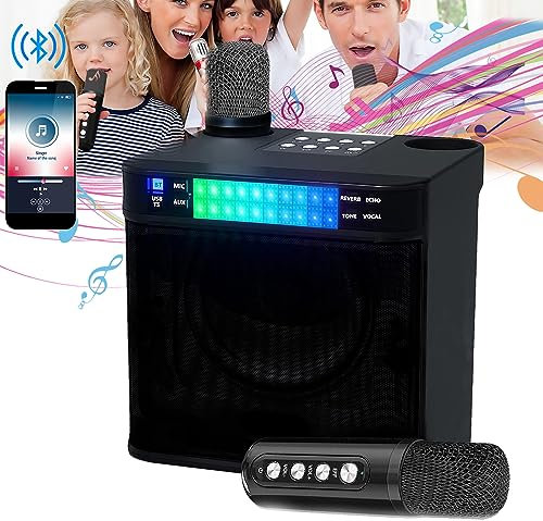 Karaoke Mikrofon, Tragbare Karaoke Maschine Bluetooth Karaoke Anlage mit 2 Drahtlosen Mikrofonen LED Bunte Lichter Wiederaufladbar Lautsprechersystem für Erwachsene Kinder Unterstützt USB TF AUX