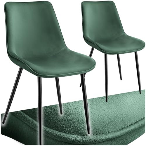 tectake® Esszimmerstühle 2er Set, Polsterstuhl, Küchenstuhl, Wohnzimmerstuhl, Schminktisch Stuhl, ergonomischer Stuhl mit Rückenlehne und Sitzfläche aus Samt, Schwarze Metallbeine - dunkelgrün