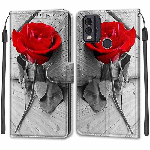 for Nokia C22 Case, PU Leather Wallet Book Flip Folio Stand View Cover Pouch Compatible with Nokia C32 Phone Case - Rose