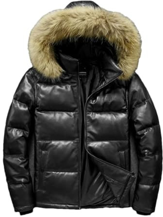 Winter Warme Lederjacke Mit Abnehmbarer Pelz Kapuze Weiches Schaffell Leder Weiße Ente Daunenjacke, Schwarz , XXXL