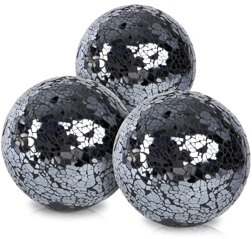 DomeStar 3PCS Decorative Balls for Bowls, 4 Inch Black Orbs Glass Balls for Centerpiece Bowls Mosaic Sphere for Home Decoration Dining Table