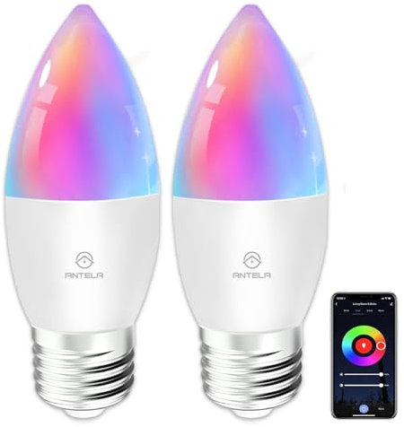 ANTELA Alexa Glühbirne E27 C37 4,9W 470LM, Smart Kerzen WLAN LED RGB Dimmbare Birne Lampe, App Steuern Kompatibel mit Google Home, Warmweiß (2700K) Kaltweiß (6500K) Licht, 2PCs