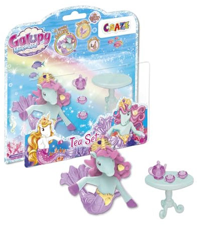 GALUPY - Mermaid Tea Set - Mini-Spielset mit 1x Einhorn Figur mit Meerjungfrauenflosse , 1 Tisch, Tassen und eine Teekanne