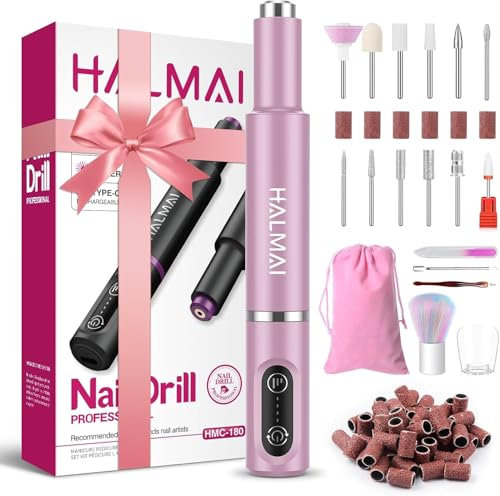 Electric Nail Drill Machine, Cordless Portable Nail File Kit for Acrylic,Gel Nails, Rechargeable Professional Acrylic Manicure Pedicure Machine for Home with Max 20000 RPM (Pink)