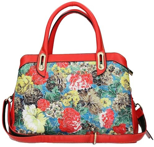 Laura Vita Damen Henkeltasche Umhängetasche Blumen Muster Aramis, Farbe:Rot