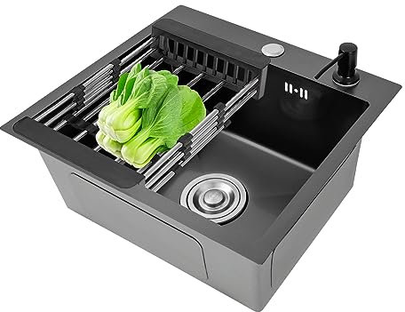 Fregadero de cocina cascada multifunción fregadero de encimera profesional lavabo acero inoxidable filtro de drenaje montaje kit grifo extensible verduras y vajilla con cremallera escurridor, grifos