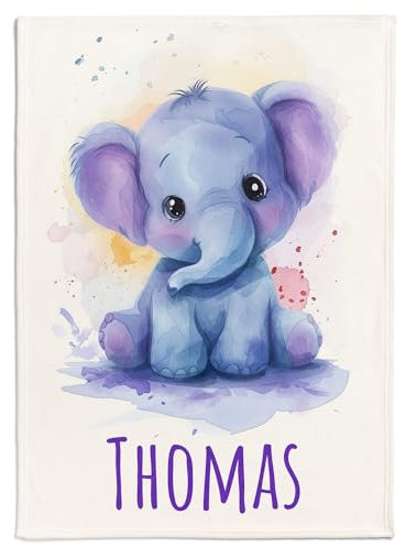 Pictogogo Personalisierte Babydecke mit Namen und Datum - Kuschelige Meilensteindecke aus Minky-Fleece, Ideal als Geburtsgeschenk (Elefant)