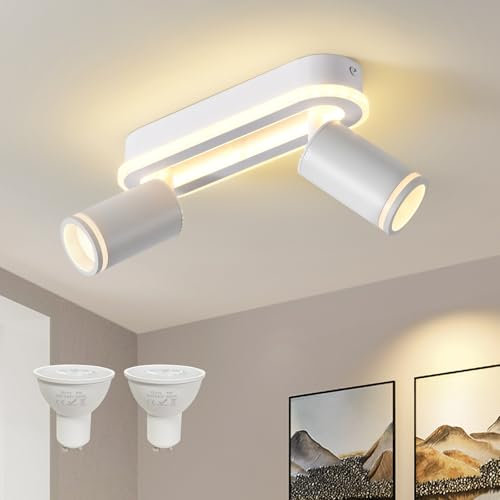 MYCUL LED Deckenstrahler 2 Flammig Schwenkbar 350°, Deckenleuchte mit unteres Glühen 15W+2x5W GU10 Spots,3000K WarmweißDeckenspot strahler,Spotleuchte für Küche,Farbmodi 360 drehbare