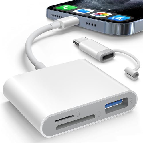 AkHolz SD Card Reader for iPhone iPad, Dual Lightening & USB-C Connector SD Card Adapter with SD MicroSD USB-A 3 Slots, Trail Game Camera Memory Card Viewer, Portable No App Required Plug and Play