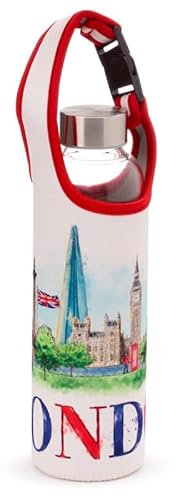 Vision4ever 1Pcs 500ml Glass Water Bottle with Protective Neoprene Sleeve London Icons Sweat-Free, Ideal for Travel & Work