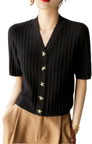 Cardigan da donna a maniche corte in seta ghiacciata aderente con scollo a V e bottoni in filo di cotone, Nero , XL